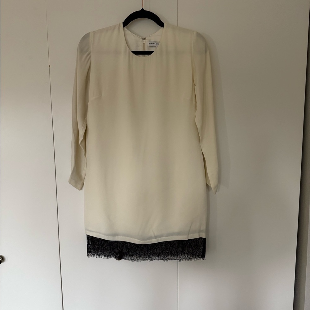 Karina Grimaldi Cream Sheath Dress with Black Trim Long Sleeve